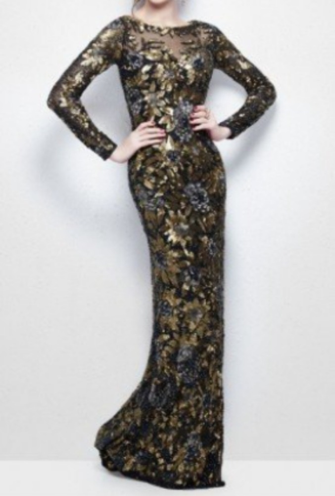 BUY 1401 스팽글 긴팔 비즈 블랙 골드 드레스